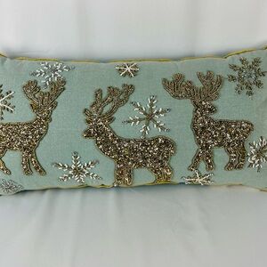 Liberty Beaded Reindeer Snowflake Lumbar Accent Throw Pillow Teal Gold Bronze